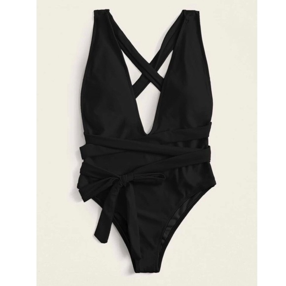 Black Plunging Backless Criss Cross Swimsuit - Picture 5 of 8